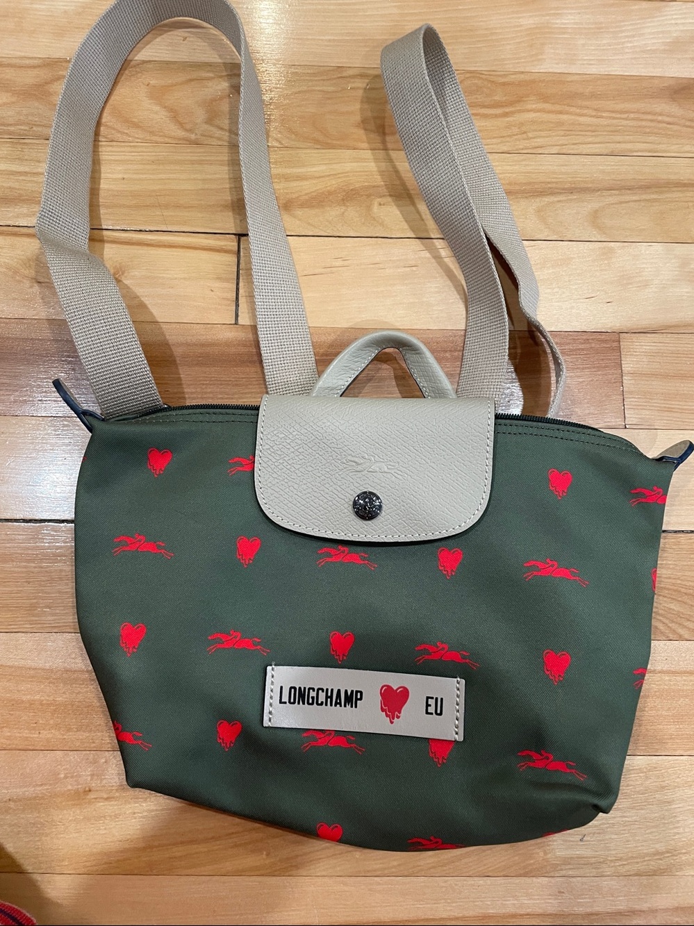 Longchamp Green Nylon Mini Backpack with Red Heart Print and Tan Flap - Picture 6 of 10